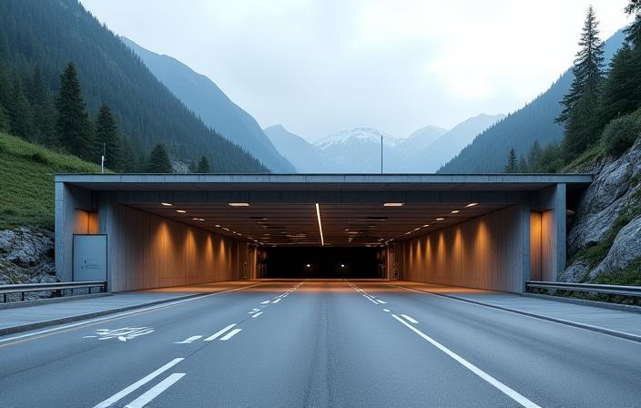 Image of a modern toll station building at the entrance of a mountain tunnel in Austria.